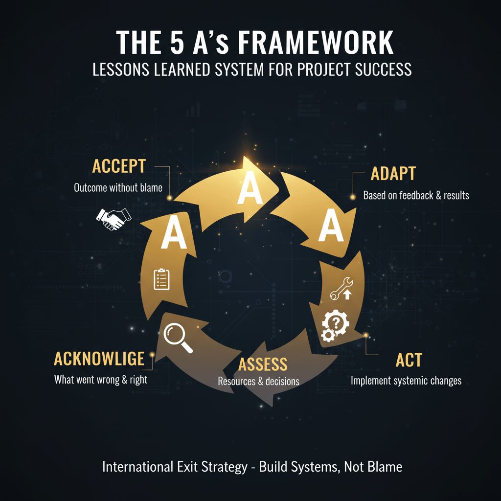 A graphic titled "THE 5 A's FRAMEWORK LESSONS LEARNED SYSTEM FOR PROJECT SUCCESS." A circular golden diagram illustrates five steps: "ACCEPT," "ADAPT," "ACT," "ASSESS," and "ACKNOWLEDGE." The image is branded with "International Exit Strategy - Build Systems, Not Blame."
