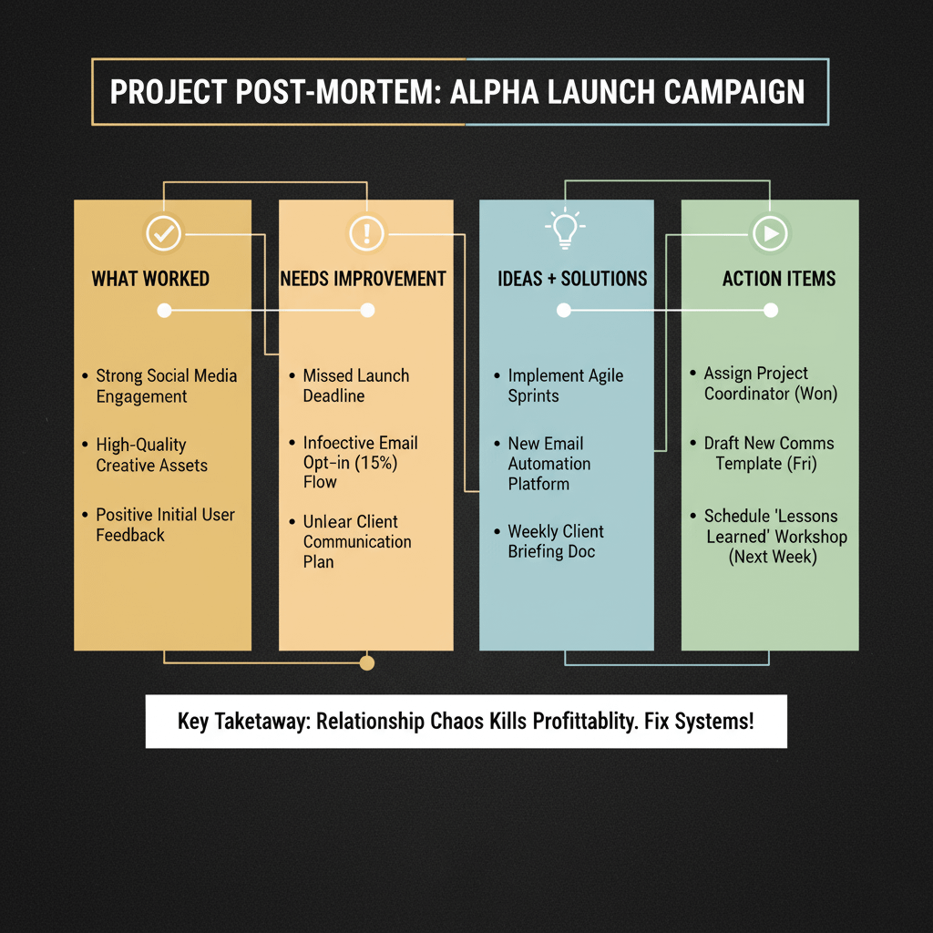 A four-column chart titled "PROJECT POST-MORTEM: ALPHA LAUNCH CAMPAIGN." The columns are "WHAT WORKED," "NEEDS IMPROVEMENT," "IDEAS + SOLUTIONS," and "ACTION ITEMS," each with a list of bullet points. The key takeaway at the bottom is "Relationship Chaos Kills Profitability. Fix Systems!"