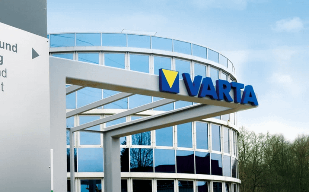 Varta corporate headquarters building with curved glass facade, the company now facing insolvency after losing its main client