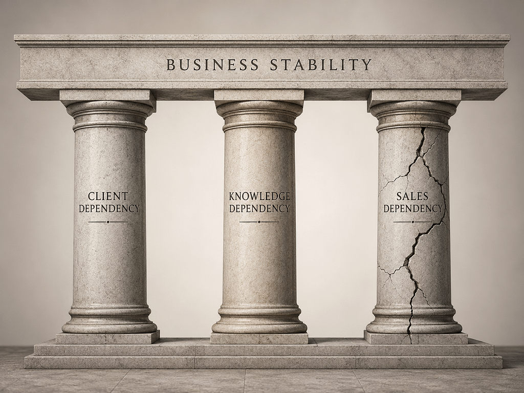 Illustration of three classical marble columns labeled Client Dependency, Knowledge Dependency and Sales Dependency supporting a beam inscribed Business Stability, with the Sales Dependency column visibly cracked