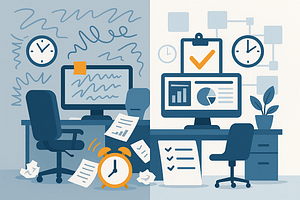 A split image showing a chaotic, messy desk on the left and an organized, structured project management dashboard on the right, representing an agency's transformation after hiring a fractional project manager