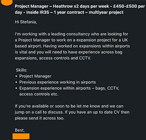 Screenshot of a job offer email for a Project Manager at Heathrow, highlighting an Inside IR35, £450-£500 per day contract.