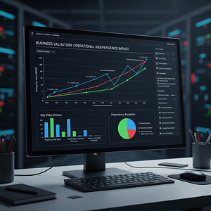 A computer monitor displaying a professional data dashboard titled "BUSINESS VALUATION: OPERATIONAL INDEPENDENCE IMPACT." The screen shows a line graph tracking Enterprise Value, a bar chart of Key Value Drivers, and a pie chart illustrating a Dependency Breakdown.