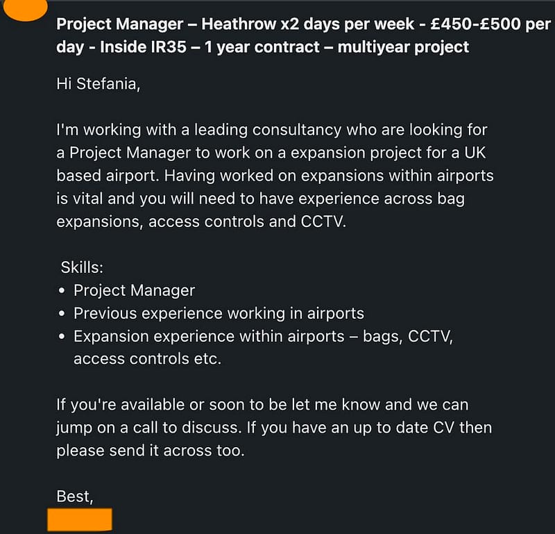 Screenshot of a job offer email for a Project Manager at Heathrow, highlighting an Inside IR35, £450-£500 per day contract.