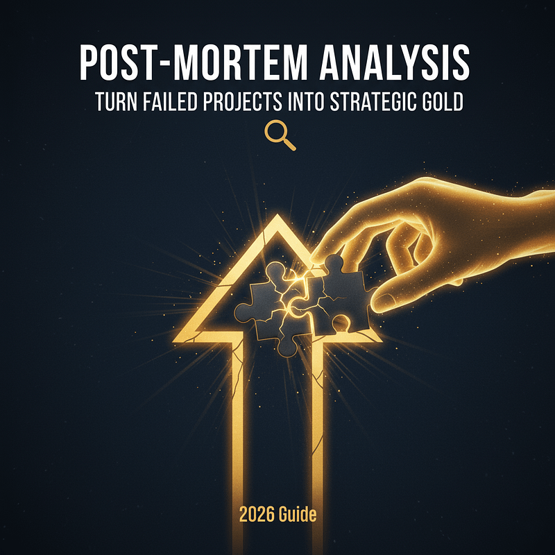 A glowing golden hand placing a final puzzle piece, shaped like a crack, into an upward-pointing arrow, with "Post-Mortem Analysis - Turn Failed Projects into Strategic Gold" and "2026 Guide" text. Illustrates turning project failures into success.