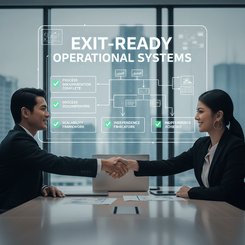 Two business professionals shake hands across a conference table in an office overlooking a city. Overlaid on the image is a holographic flowchart titled "EXIT-READY OPERATIONAL SYSTEMS," featuring milestones like Process Documentation, Scalability Framework, and Independence Achieved.
